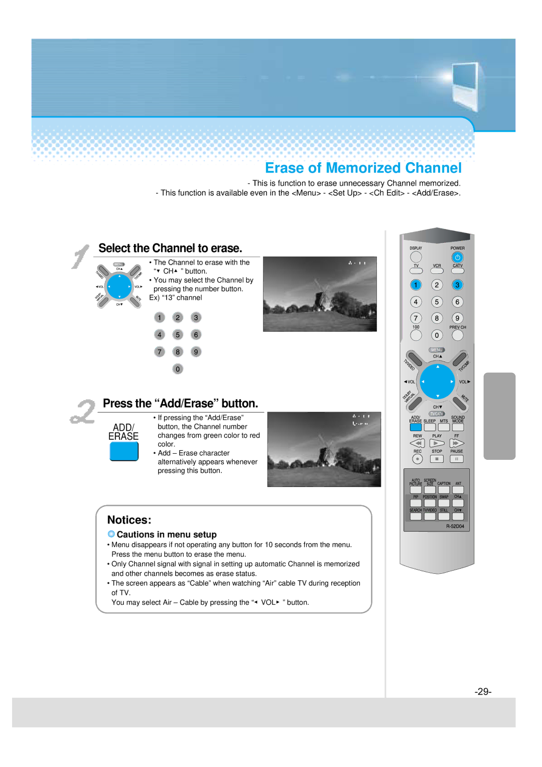 Daewoo 5520CRA, DSJ-4710CRA, 5510CRA, DSJ-4720CRA instruction manual Erase of Memorized Channel, Select the Channel to erase 