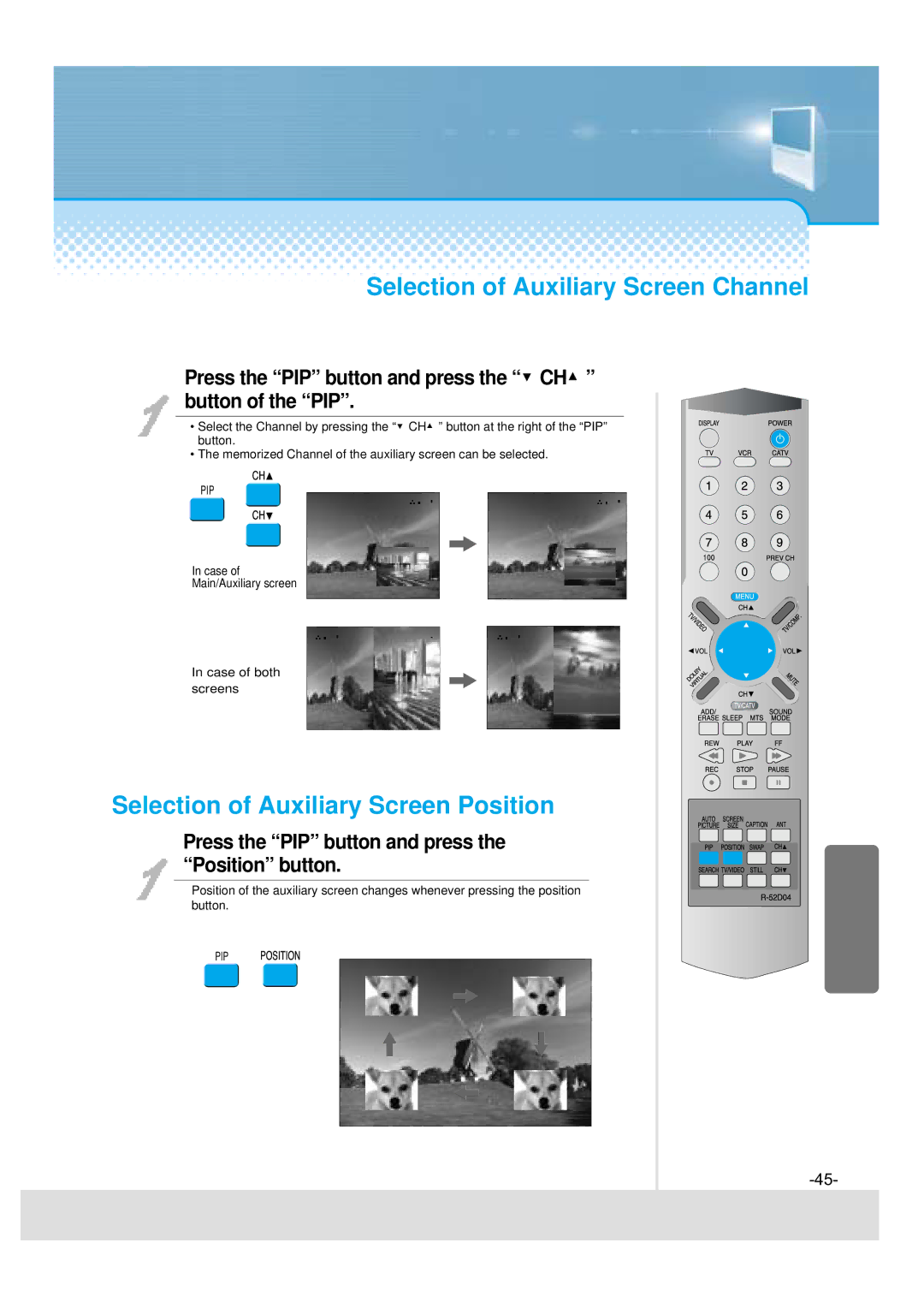Daewoo 5520CRA, DSJ-4710CRA, 5510CRA Selection of Auxiliary Screen Channel, Selection of Auxiliary Screen Position 