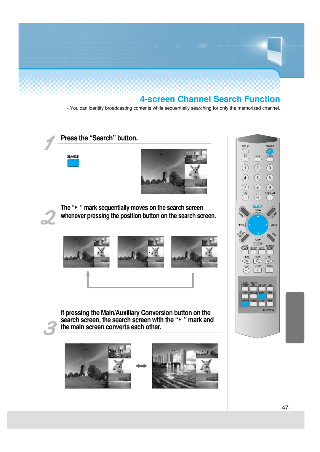 Daewoo DSJ-4710CRA, 5510CRA, 5520CRA, DSJ-4720CRA instruction manual Screen Channel Search Function, Press the Search button 