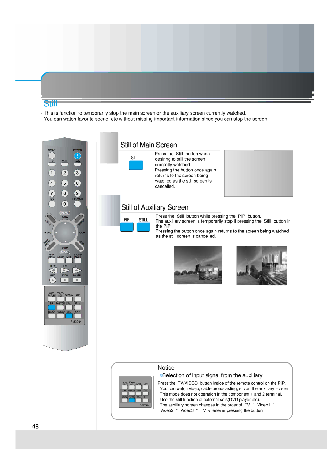 Daewoo 5510CRA, DSJ-4710CRA, 5520CRA, DSJ-4720CRA instruction manual Still of Main Screen, Still of Auxiliary Screen 