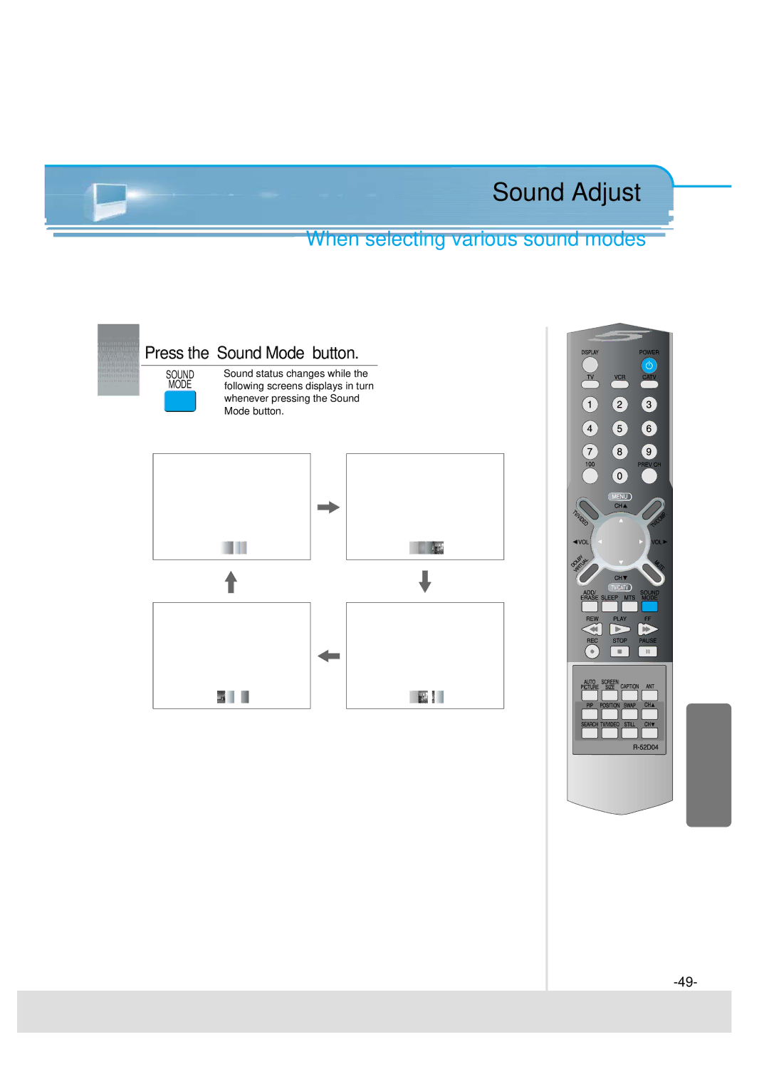 Daewoo 5520CRA, DSJ-4710CRA, 5510CRA Sound Adjust, When selecting various sound modes, Press the Sound Mode button 