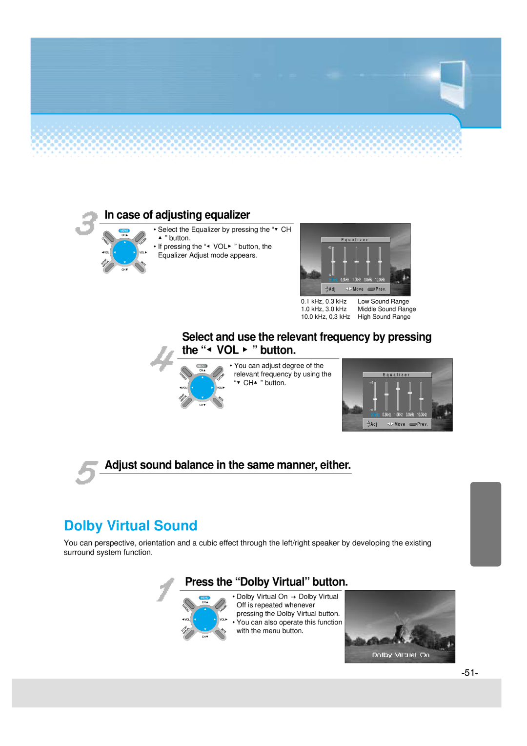 Daewoo DSJ-4710CRA Dolby Virtual Sound, Case of adjusting equalizer, Adjust sound balance in the same manner, either 