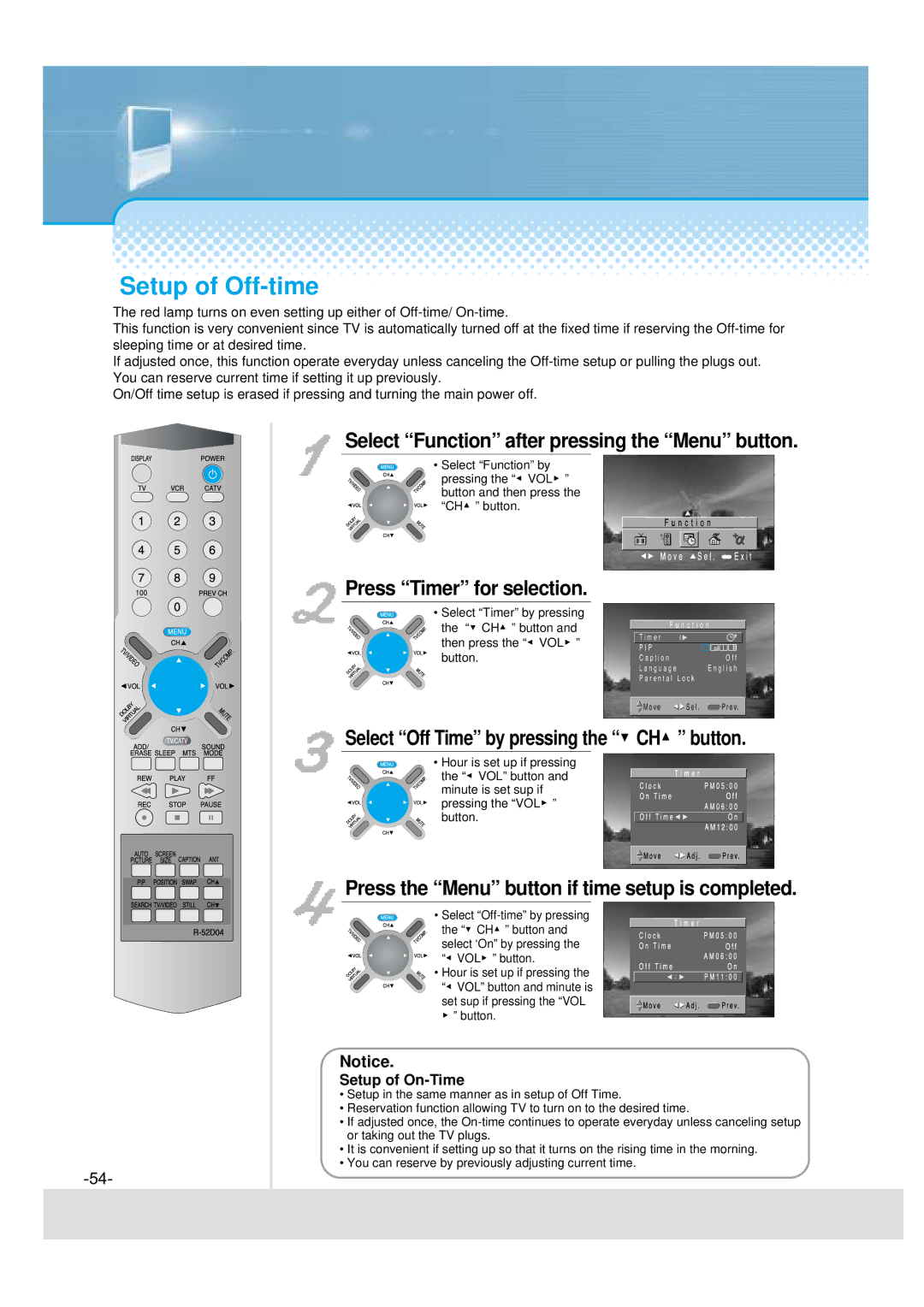 Daewoo DSJ-4720CRA, 5510CRA Setup of Off-time, Select Function after pressing the Menu button, Press Timer for selection 