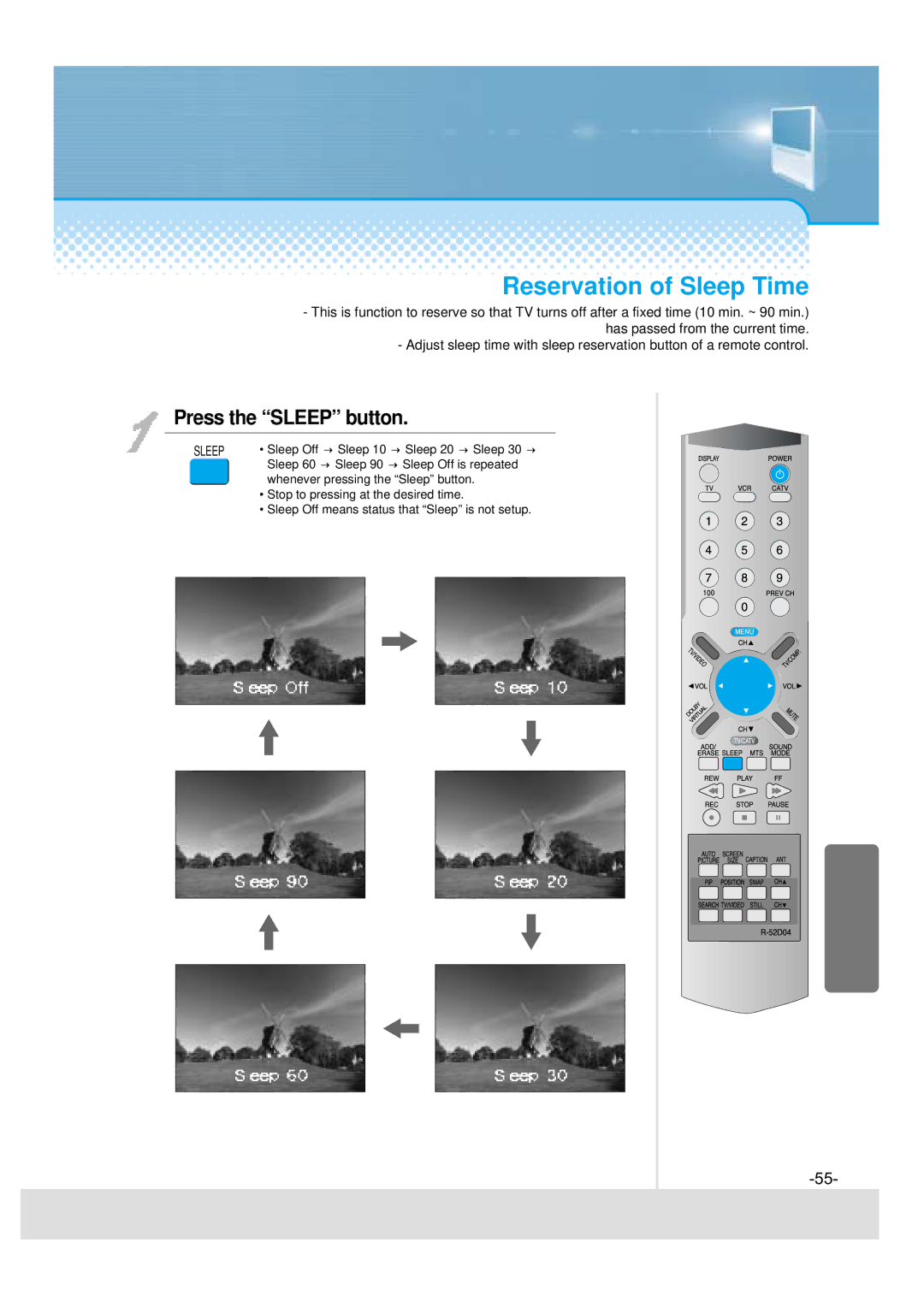 Daewoo DSJ-4710CRA, 5510CRA, 5520CRA, DSJ-4720CRA instruction manual Reservation of Sleep Time, Press the Sleep button 