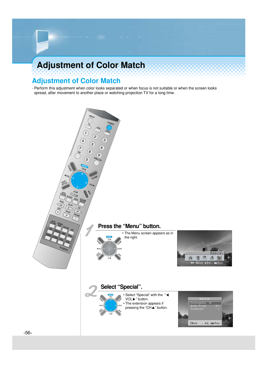 Daewoo 5510CRA, DSJ-4710CRA, 5520CRA, DSJ-4720CRA instruction manual Adjustment of Color Match, Select Special 