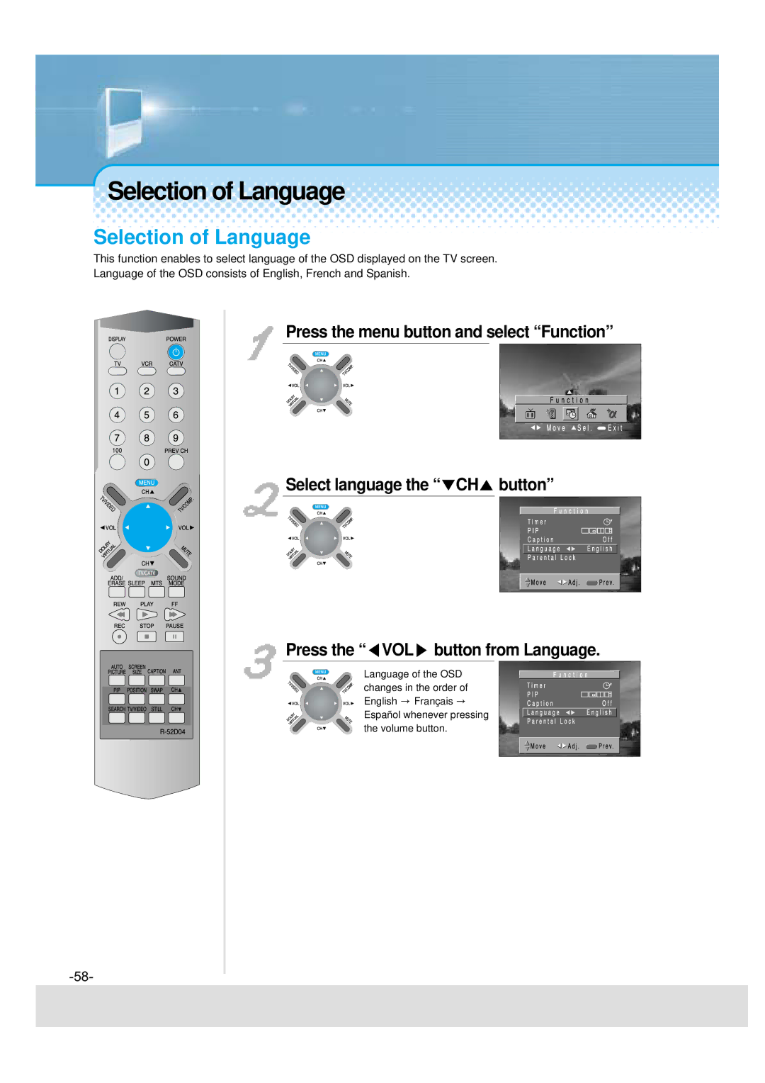 Daewoo DSJ-4720CRA, DSJ-4710CRA, 5510CRA, 5520CRA instruction manual Selection of Language 