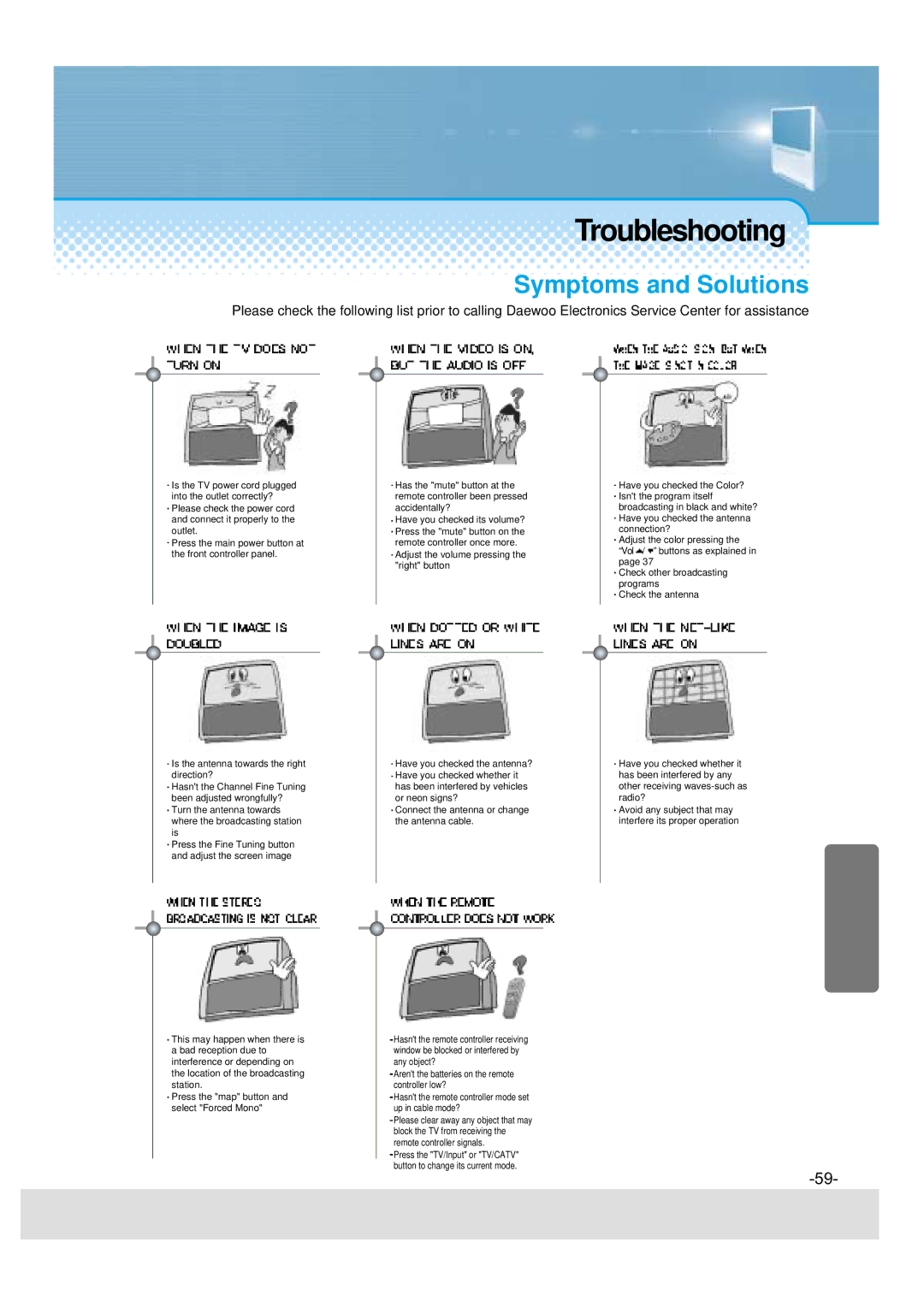 Daewoo DSJ-4710CRA, 5510CRA, 5520CRA, DSJ-4720CRA instruction manual Troubleshooting, Symptoms and Solutions 