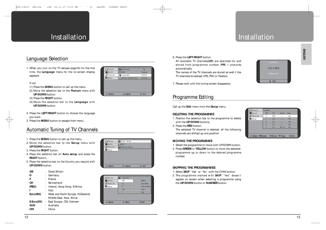 Daewoo DSL-15D1T, DSL-17W1T Installation, Language Selection, Programme Editing, Automatic Tuning of TV Channels 