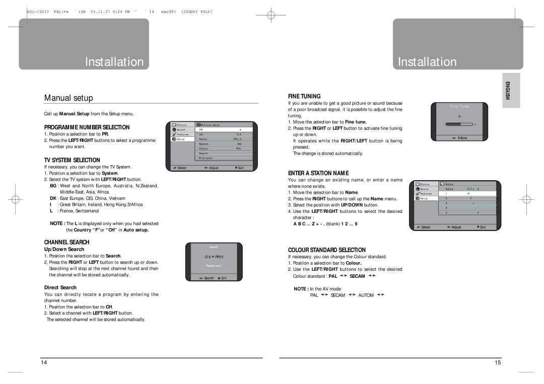 Daewoo DSL-17W1T, DSL-15D1T instruction manual Manual setup 