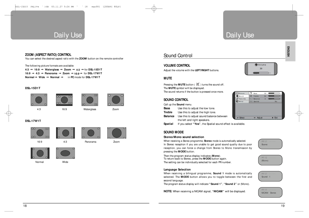 Daewoo DSL-17W1T, DSL-15D1T instruction manual Sound Control 