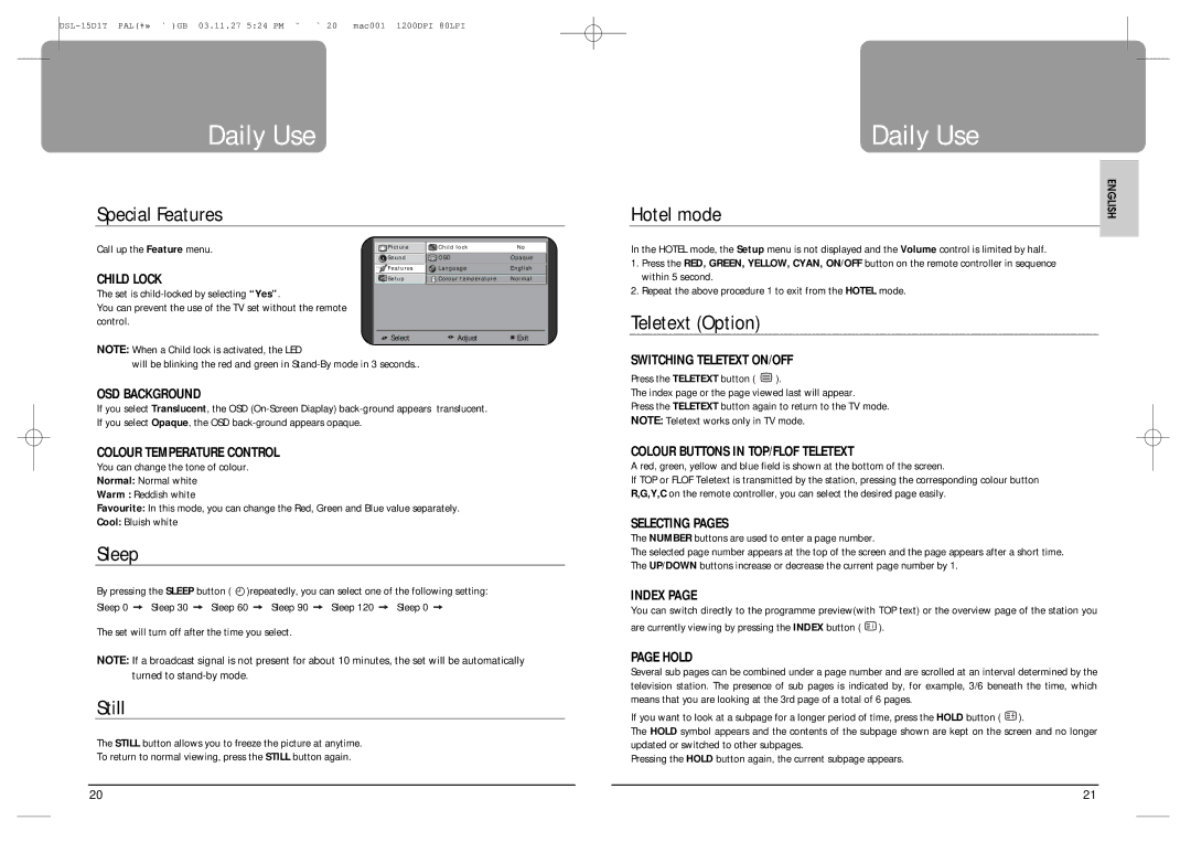 Daewoo DSL-15D1T, DSL-17W1T instruction manual Special Features, Hotel mode, Teletext Option, Sleep, Still 