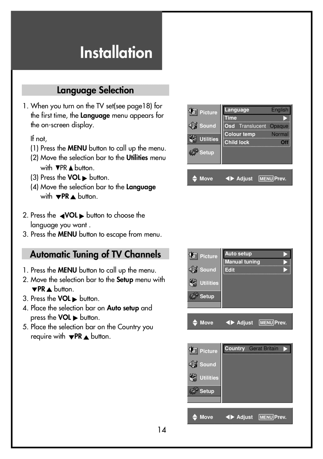 Daewoo DSL-20D4, DSL-15D3, DSL-15D4, DSL-17D3, DSL-17D4 Installation, Language Selection, Automatic Tuning of TV Channels 