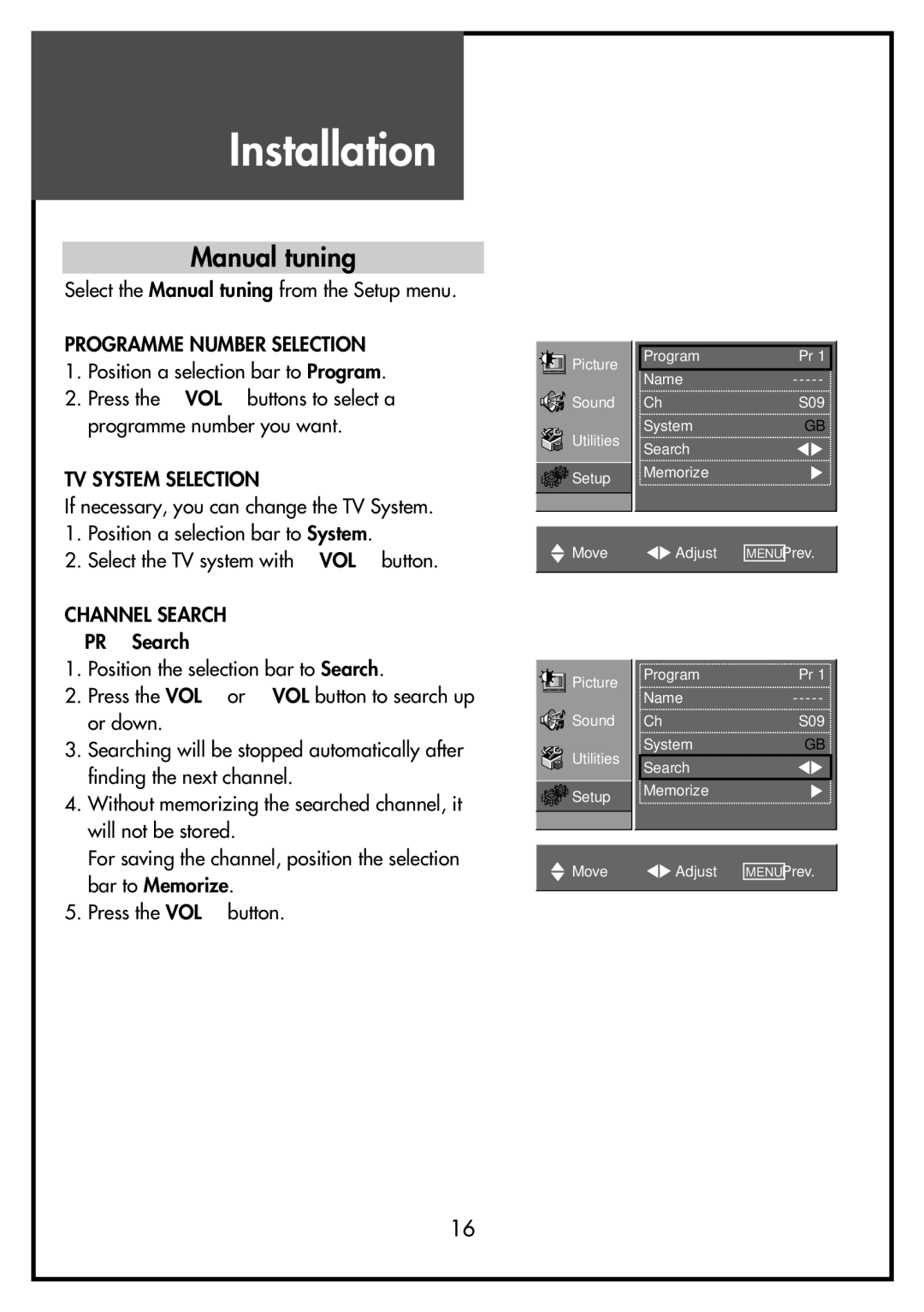 Daewoo DSL-15D4, DSL-15D3, DSL-17D3, DSL-17D4 Manual tuning, Programme Number Selection, TV System Selection, Channel Search 