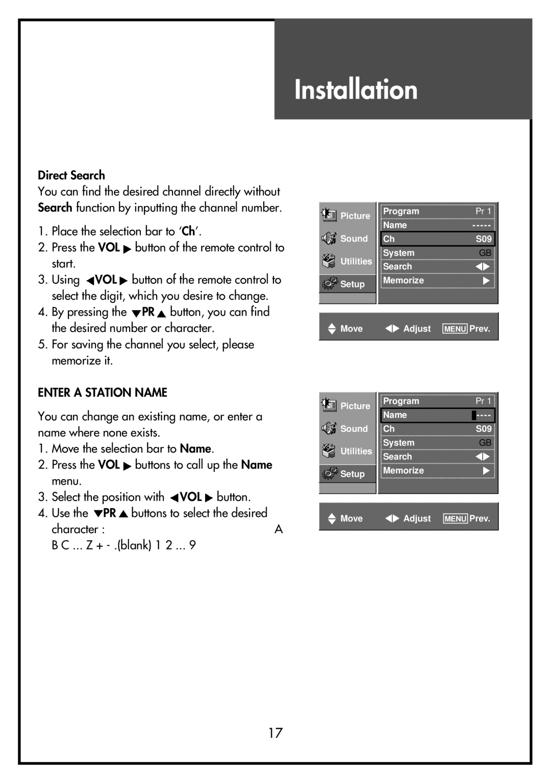 Daewoo DSL-17D3, DSL-15D3, DSL-15D4, DSL-17D4, DSL-20D4 instruction manual Direct Search, Enter a Station Name 