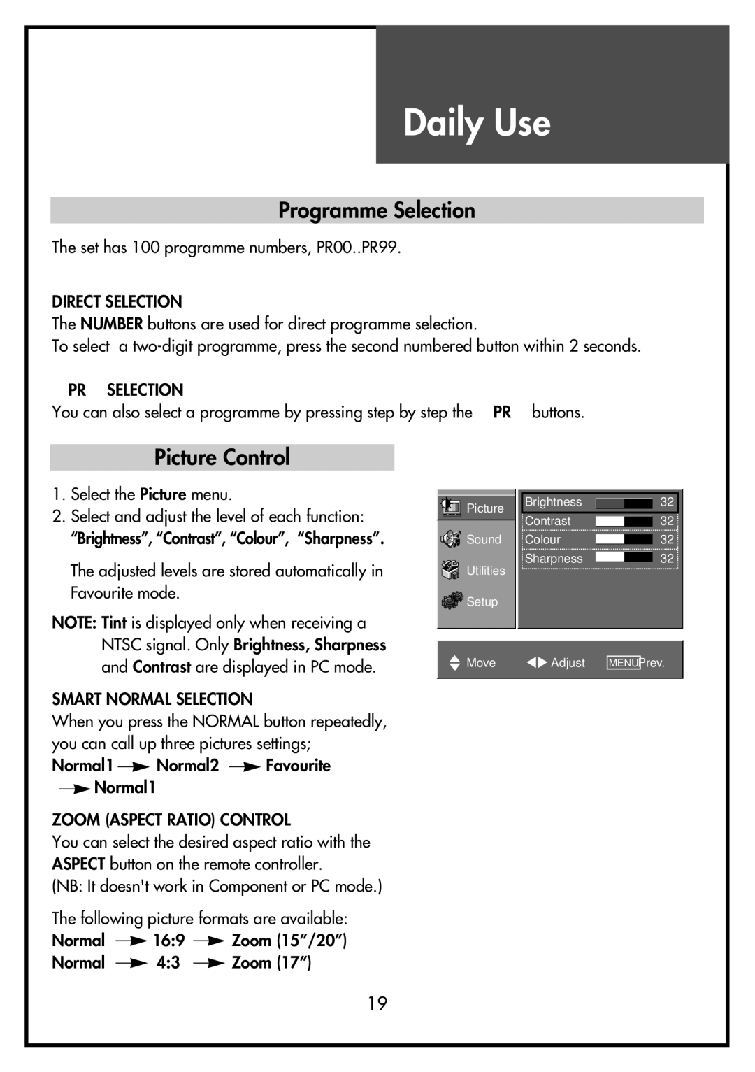 Daewoo DSL-20D4, DSL-15D3, DSL-15D4, DSL-17D3, DSL-17D4 instruction manual Programme Selection, Picture Control 