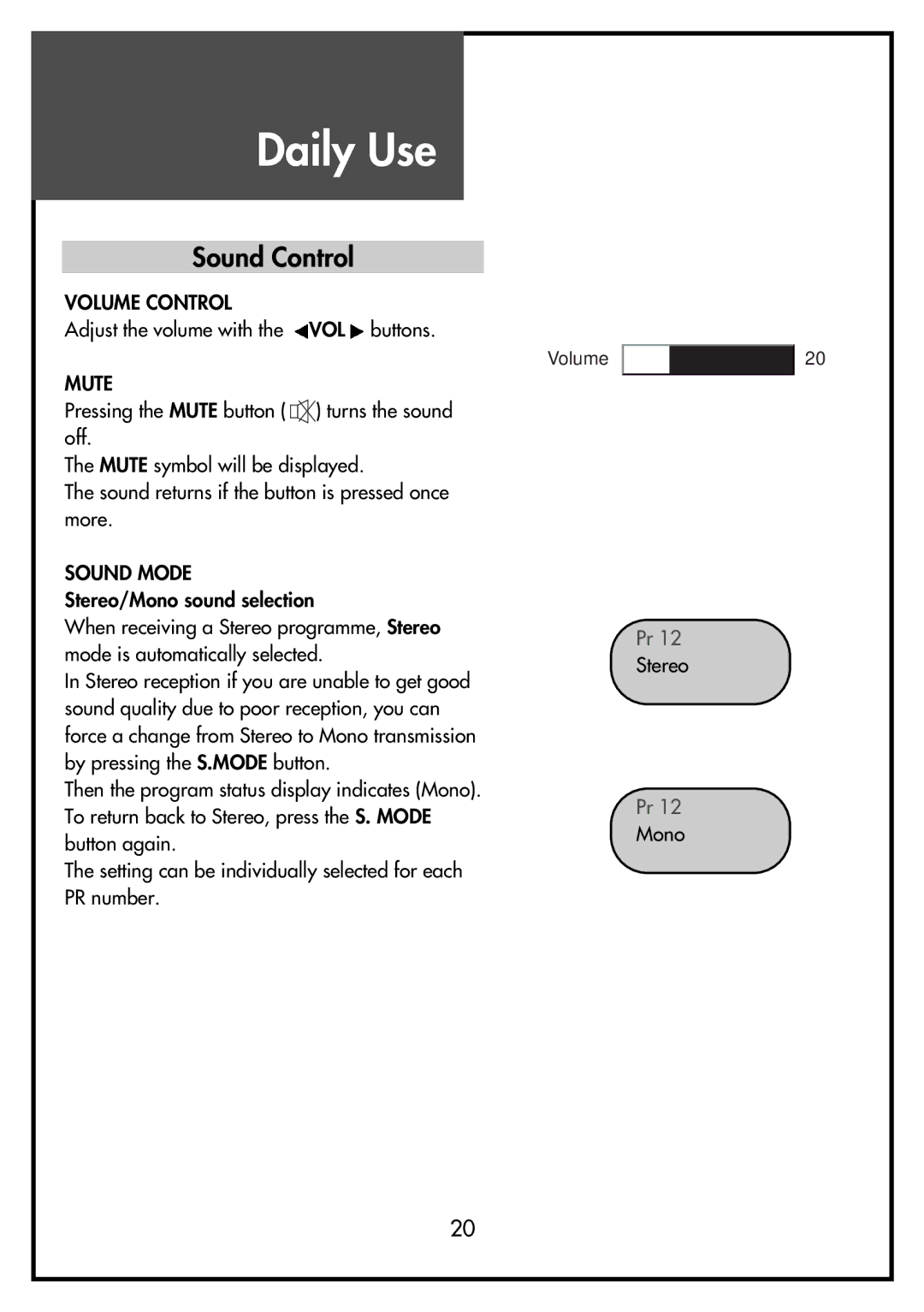 Daewoo DSL-15D3, DSL-15D4, DSL-17D3, DSL-17D4, DSL-20D4 instruction manual Sound Control, Volume Control, Mute, Sound Mode 