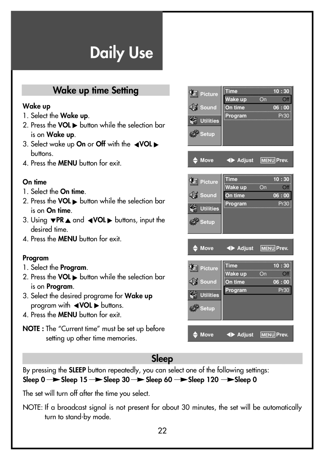 Daewoo DSL-17D3, DSL-15D3, DSL-15D4, DSL-17D4, DSL-20D4 instruction manual Wake up time Setting, Sleep 