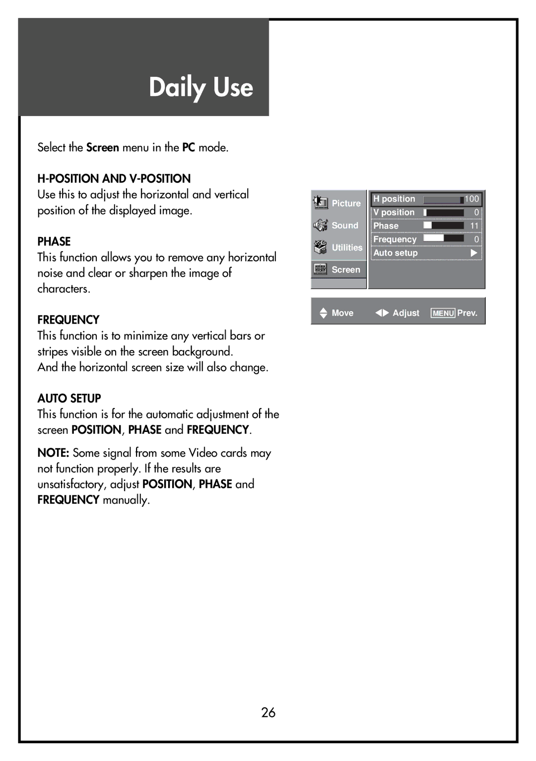 Daewoo DSL-15D4, DSL-15D3, DSL-17D3, DSL-17D4, DSL-20D4 Position and V-POSITION, Phase, Frequency, Auto Setup 