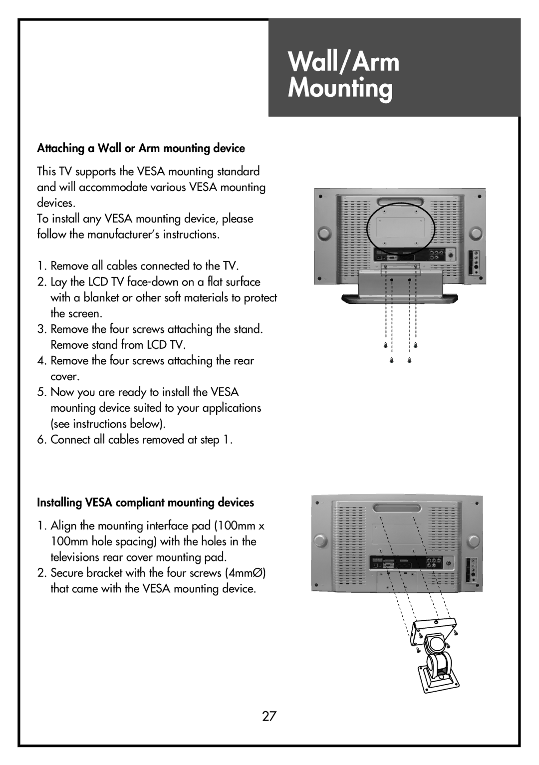 Daewoo DSL-17D3, DSL-15D3, DSL-15D4, DSL-17D4, DSL-20D4 instruction manual Wall/Arm Mounting 