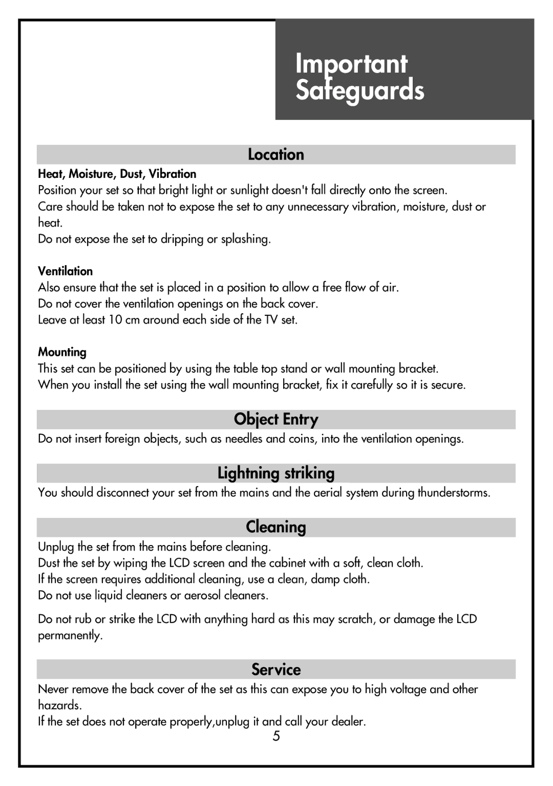 Daewoo DSL-15D3, DSL-15D4, DSL-17D3, DSL-17D4, DSL-20D4 instruction manual Safeguards 