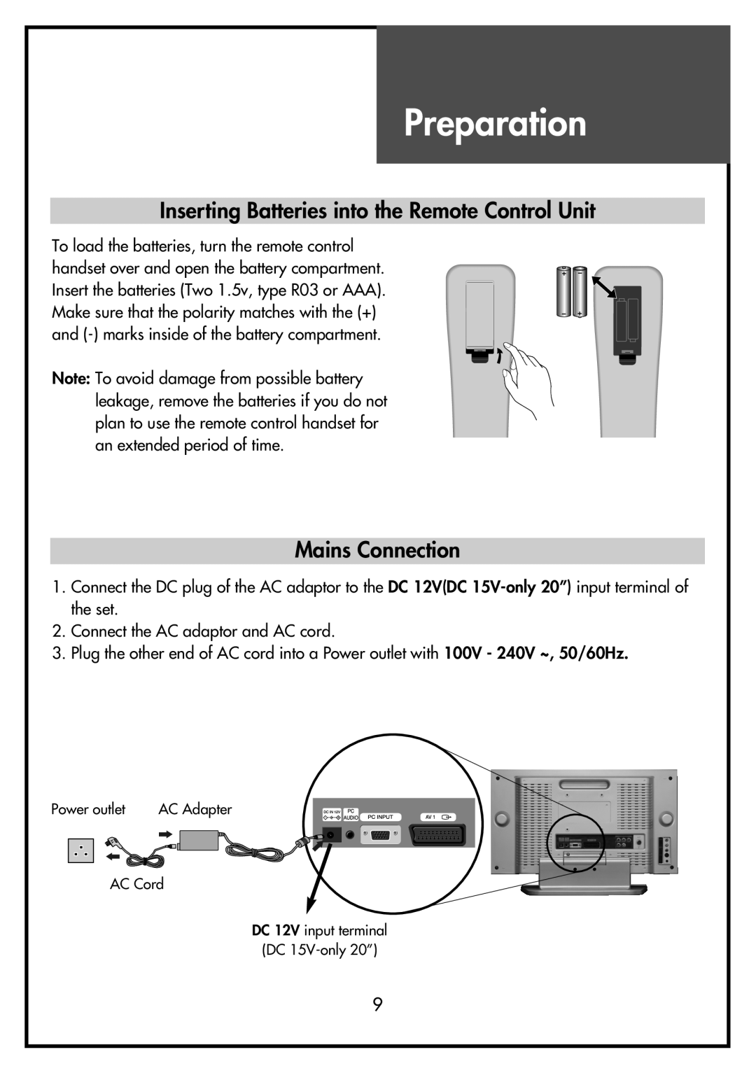 Daewoo DSL-20D4, DSL-15D3, DSL-15D4 Preparation, Inserting Batteries into the Remote Control Unit, Mains Connection 