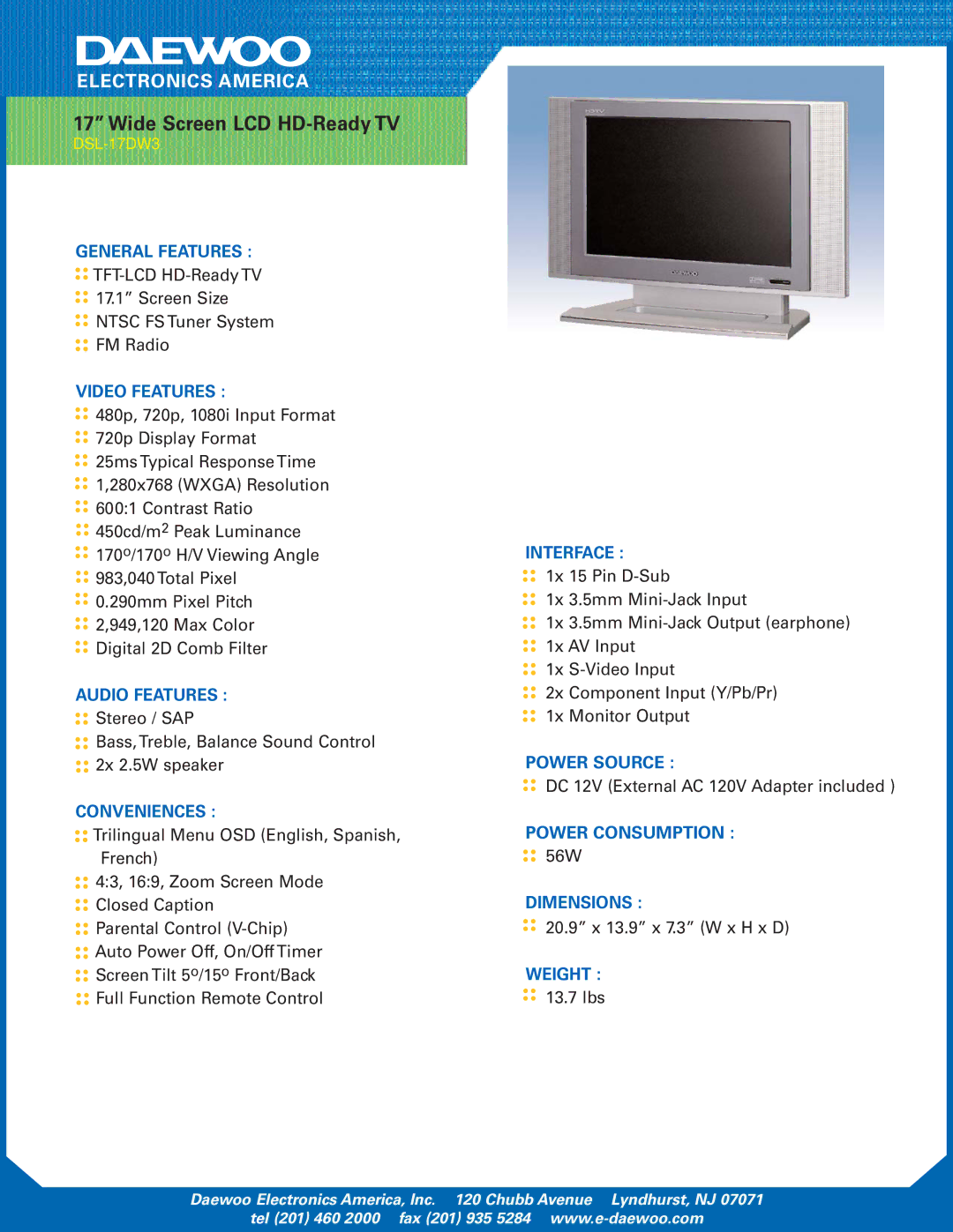 Daewoo DSL-17DW3 manual Wide Screen LCD HD-Ready TV 