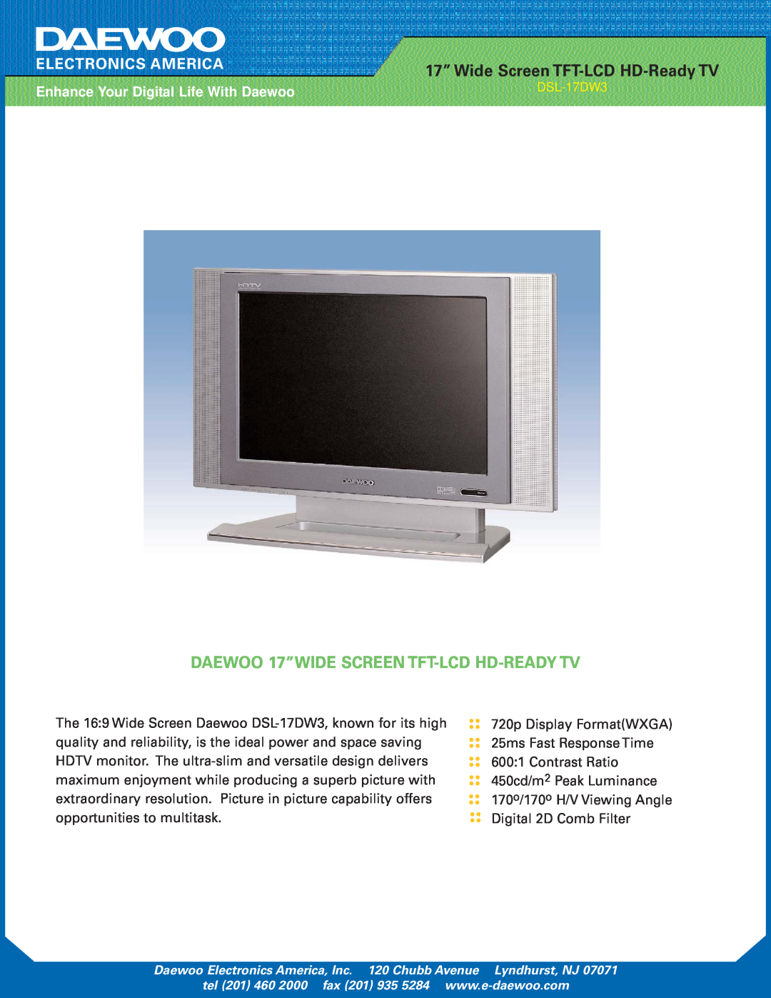Daewoo DSL-17DW3 manual Electronics America, DAEWOO 17”WIDE SCREEN TFT-LCD HD-READY TV 