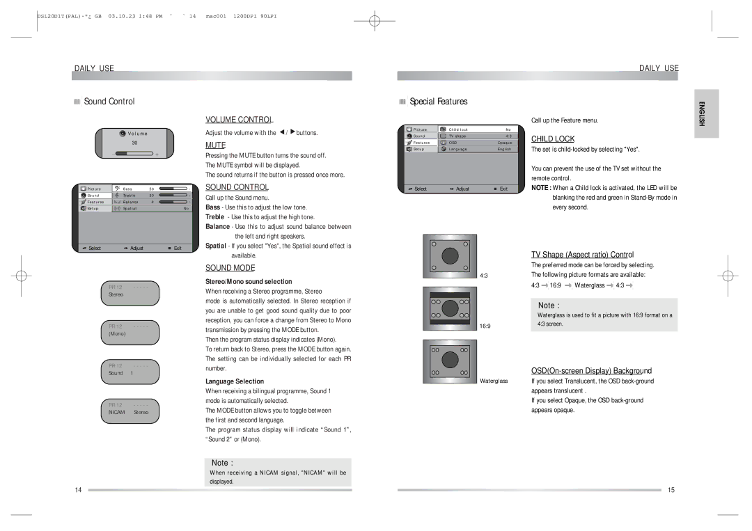 Daewoo DSL-20D1T instruction manual Sound Control, Special Features, Stereo/Mono sound selection, Language Selection 