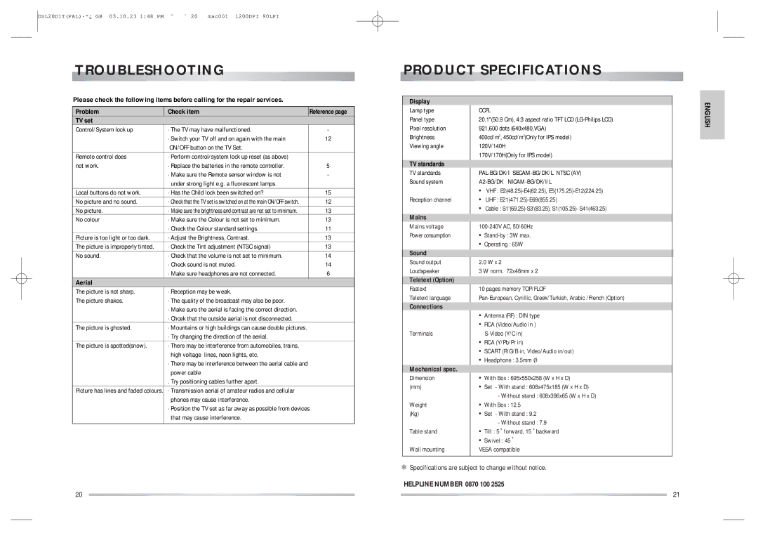 Daewoo DSL-20D1T Troubleshooting Product Specifications, Specifications are subject to change without notice 