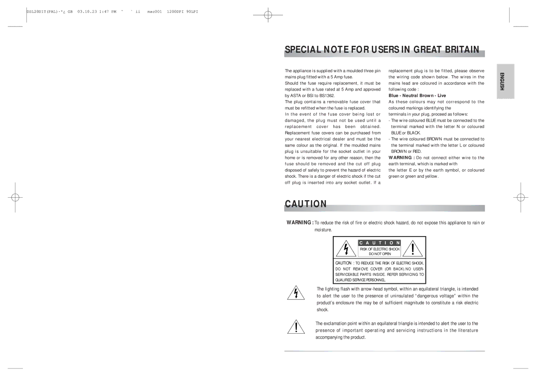 Daewoo DSL-20D1T instruction manual Special Note for Users in Great Britain, Blue Neutral Brown Live 