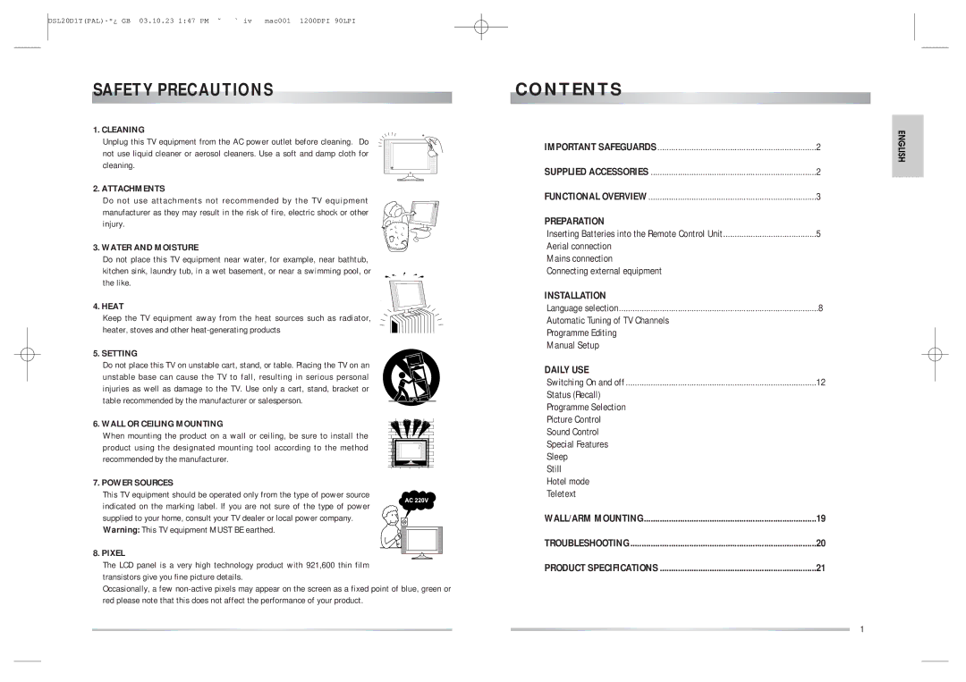 Daewoo DSL-20D1T instruction manual Contents 