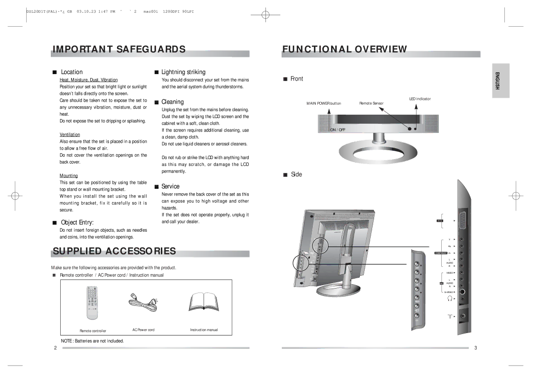 Daewoo DSL-20D1T instruction manual Safeguards Functional Overview, Supplied AC C Essorie S 