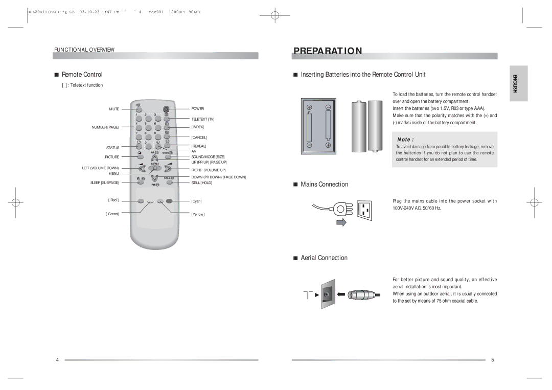 Daewoo DSL-20D1T Inserting Batteries into the Remote Control Unit, Mains Connection, Aerial Connection 