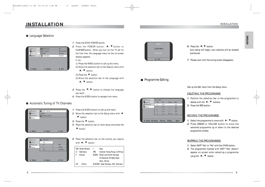 Daewoo DSL-20D1T instruction manual Installation, Language Selection, Programme Editing, Automatic Tuning of TV Channels 