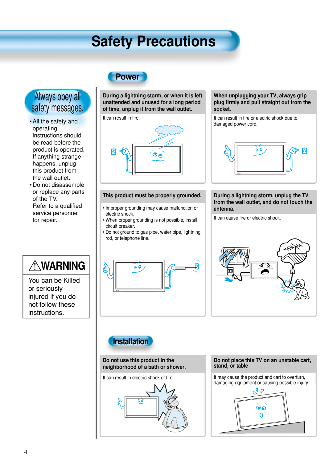 Daewoo DT- 4280NH user manual Safety Precautions, Power, Installation 