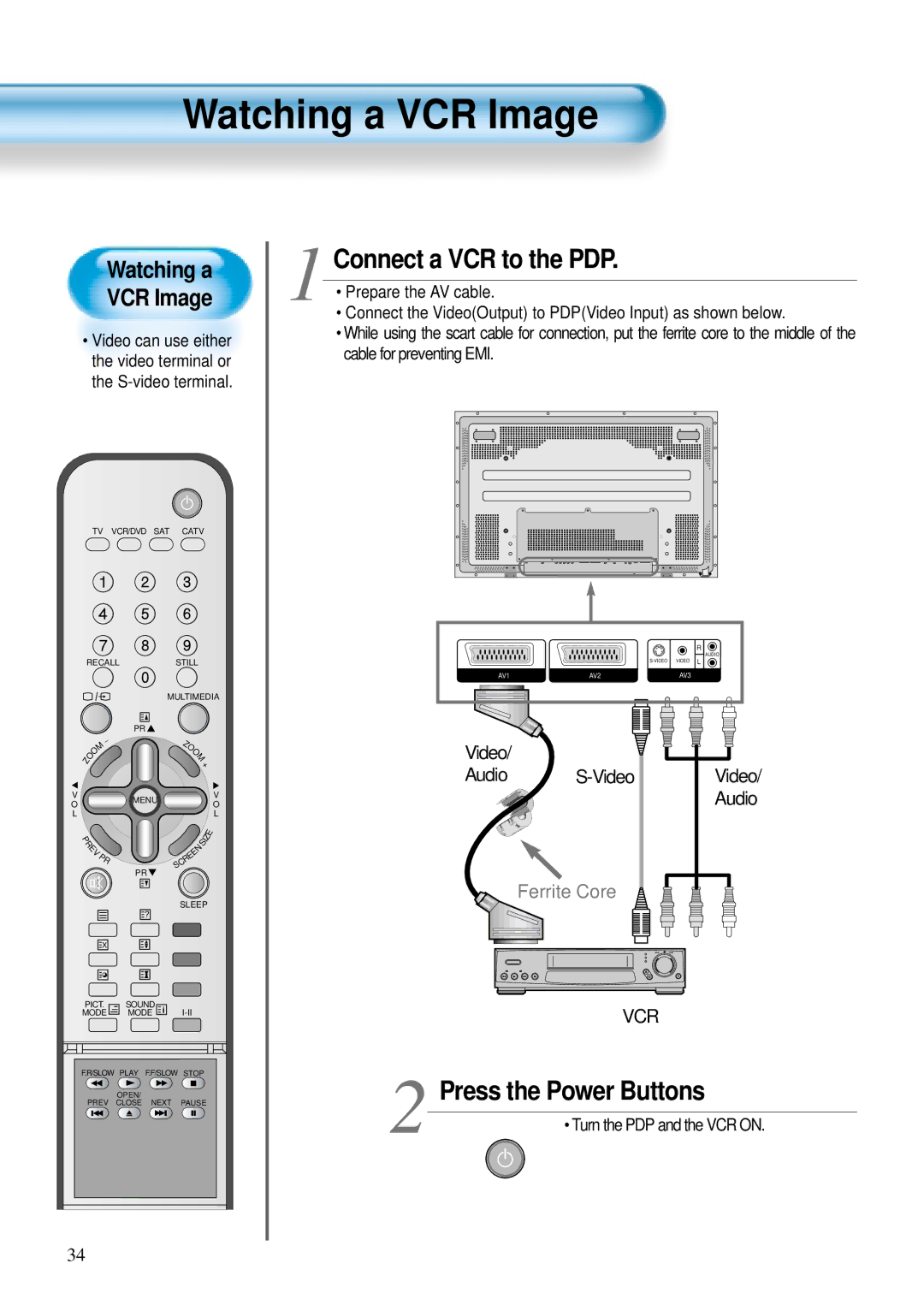 Daewoo DT- 4280NH user manual Watching a VCR Image, Connect a VCR to the PDP, Turn the PDP and the VCR on 