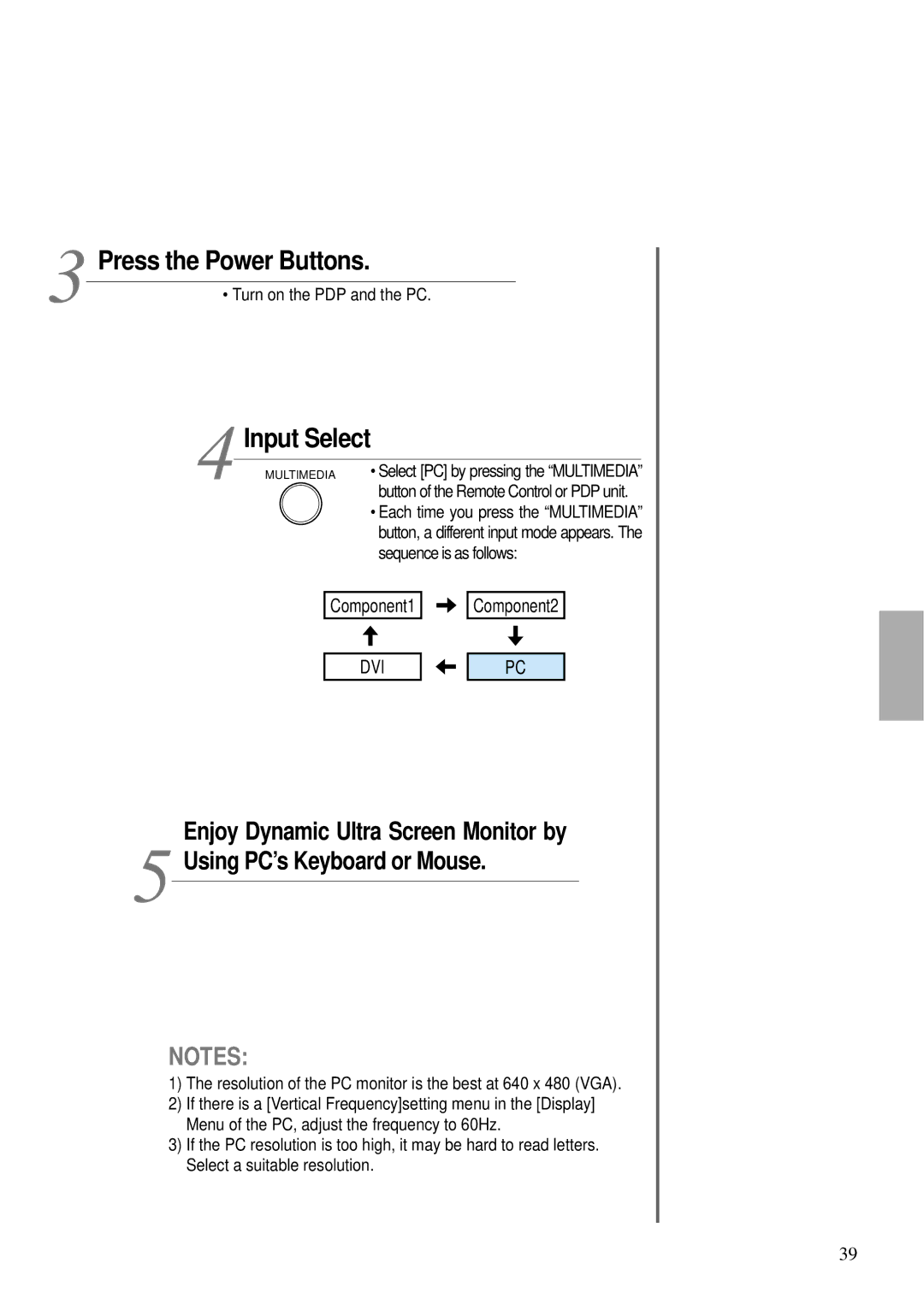 Daewoo DT- 4280NH user manual Turn on the PDP and the PC, Button of the Remote Control or PDP unit 