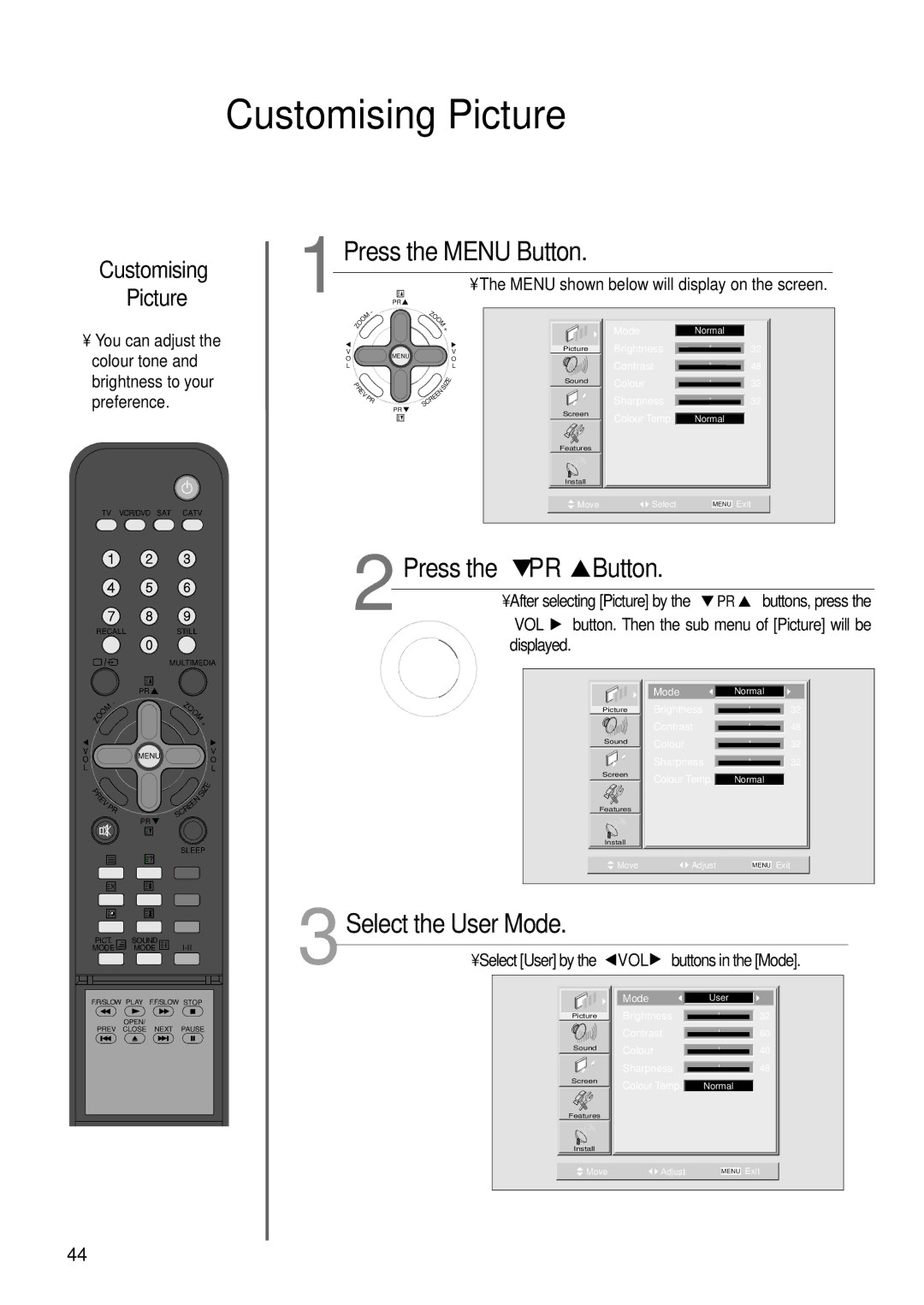 Daewoo DT- 4280NH user manual Customising Picture, Press the Menu Button, Select the User Mode 