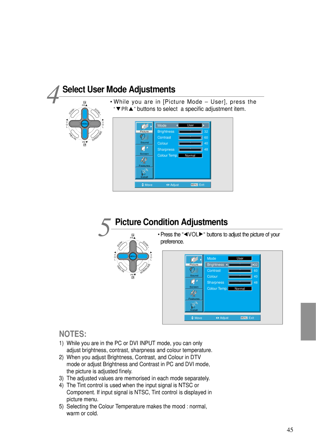 Daewoo DT- 4280NH user manual Select User Mode Adjustments, While you are in Picture Mode User, press 