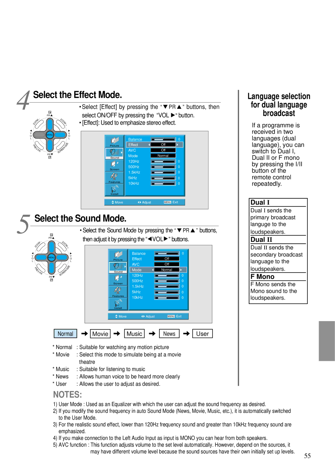 Daewoo DT- 4280NH user manual Select the Effect Mode, Select the Sound Mode, Language selection For dual language Broadcast 