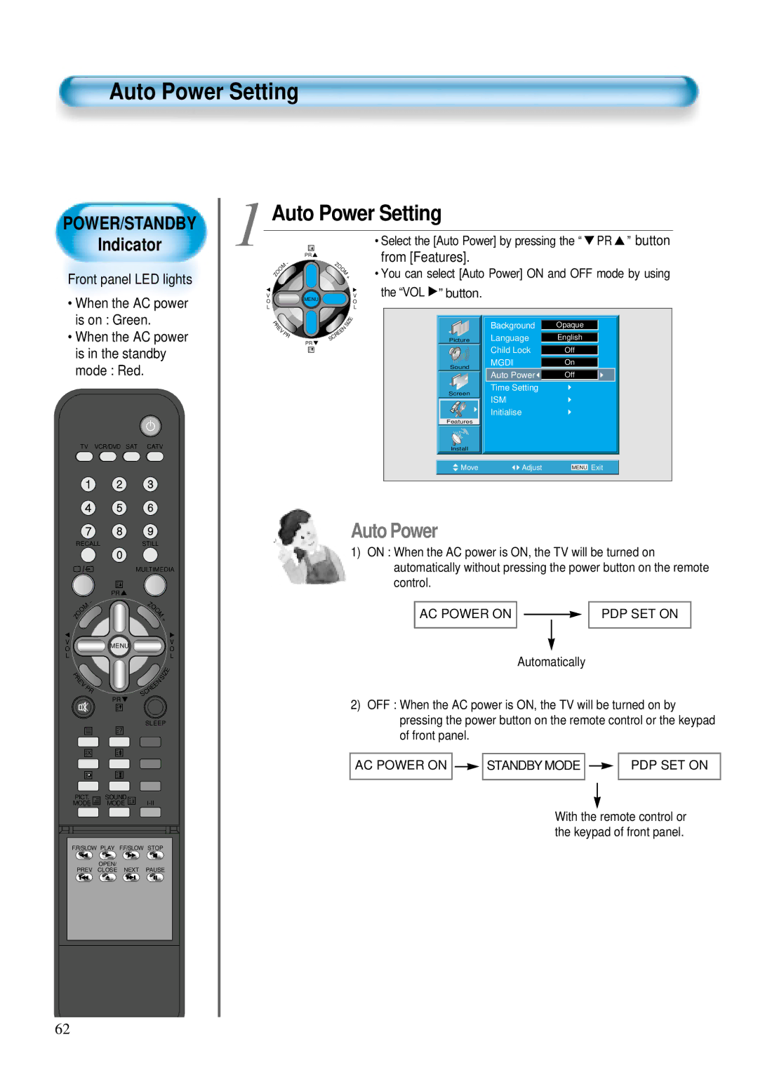 Daewoo DT- 4280NH user manual Auto Power Setting 