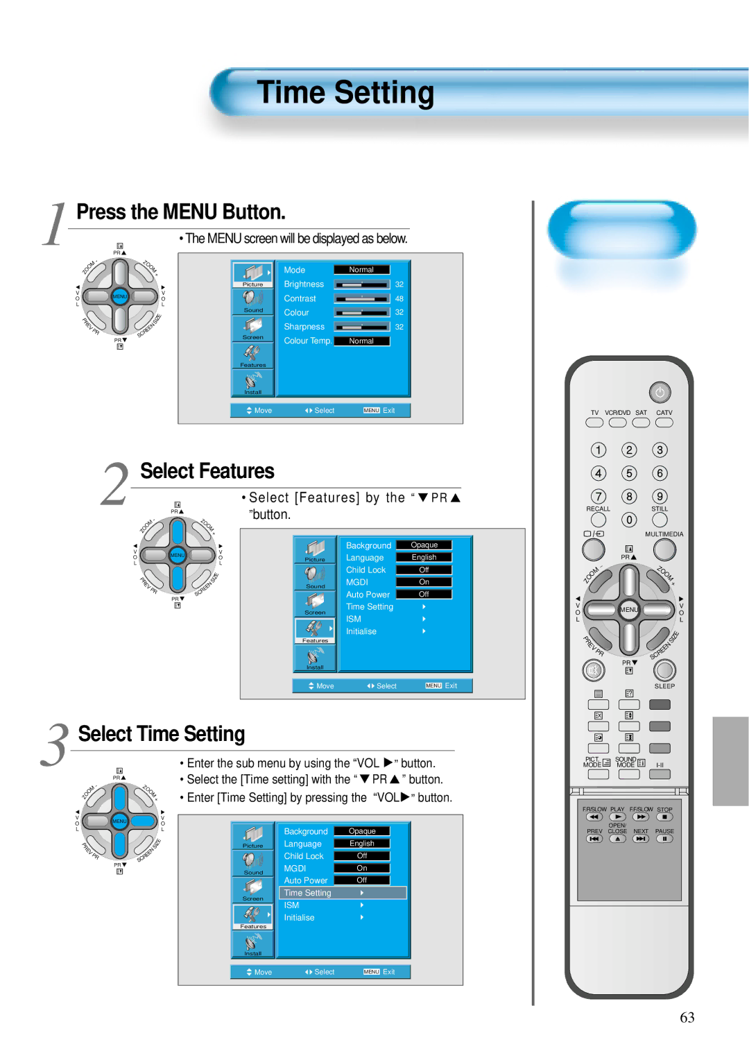 Daewoo DT- 4280NH user manual Select Features by the PR, Button, Enter the sub menu by using the VOL button 