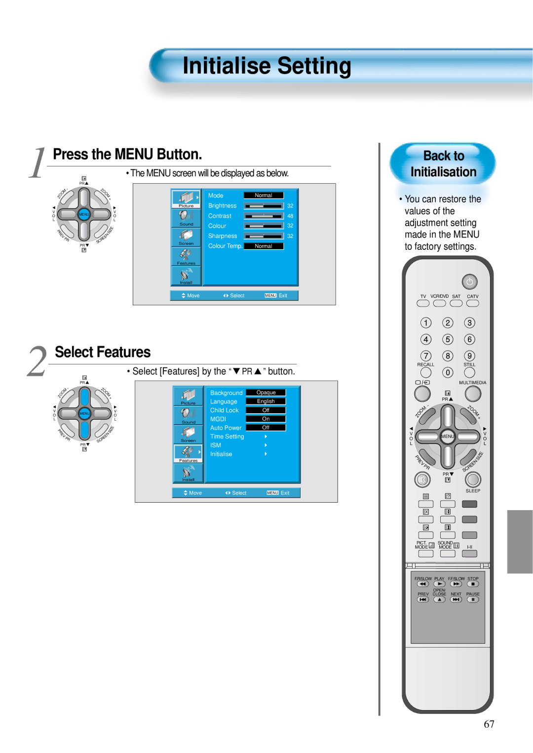 Daewoo DT- 4280NH user manual Initialise Setting, Back to Initialisation, Select Features by the PR button 