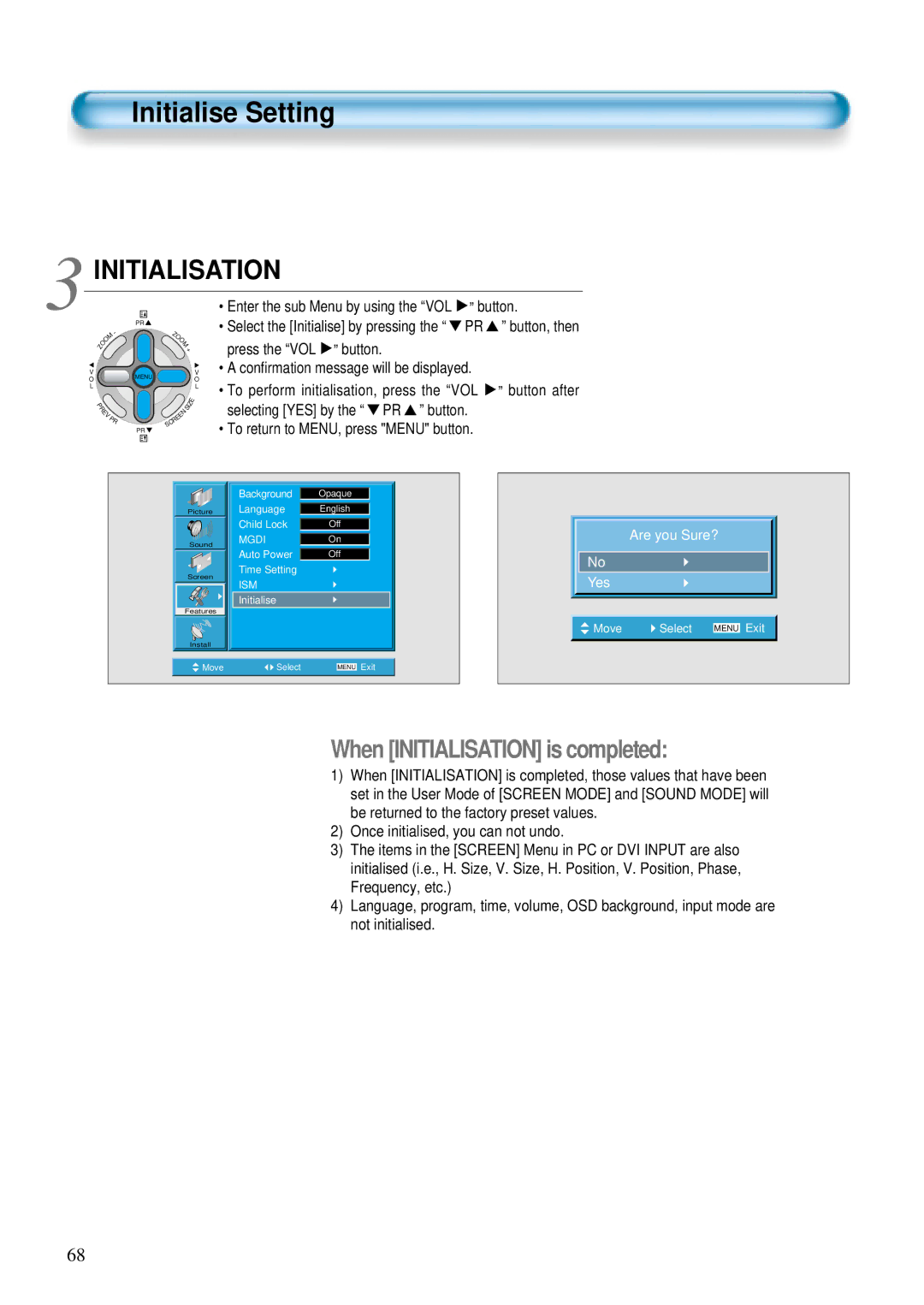 Daewoo DT- 4280NH user manual Initialise Setting, To return to MENU, press Menu button 