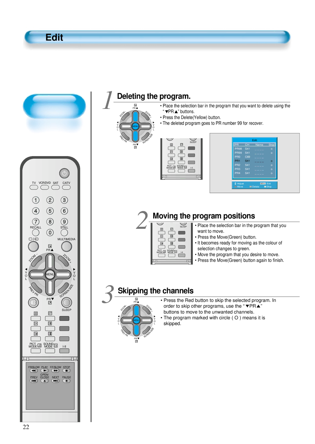 Daewoo DT-4280 NH, DT-4220 NH user manual Edit, Deleting the program, Moving the program positions 