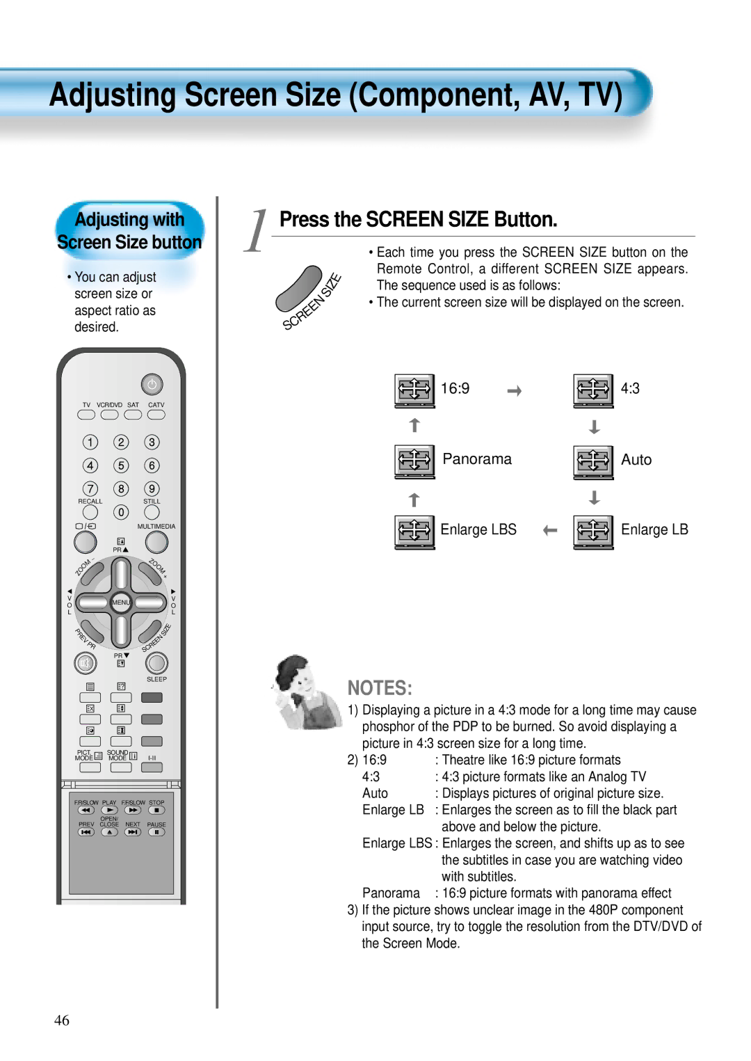 Daewoo DT-4280 NH Adjusting Screen Size Component, AV, TV, Press the Screen Size Button, Adjusting with Screen Size button 