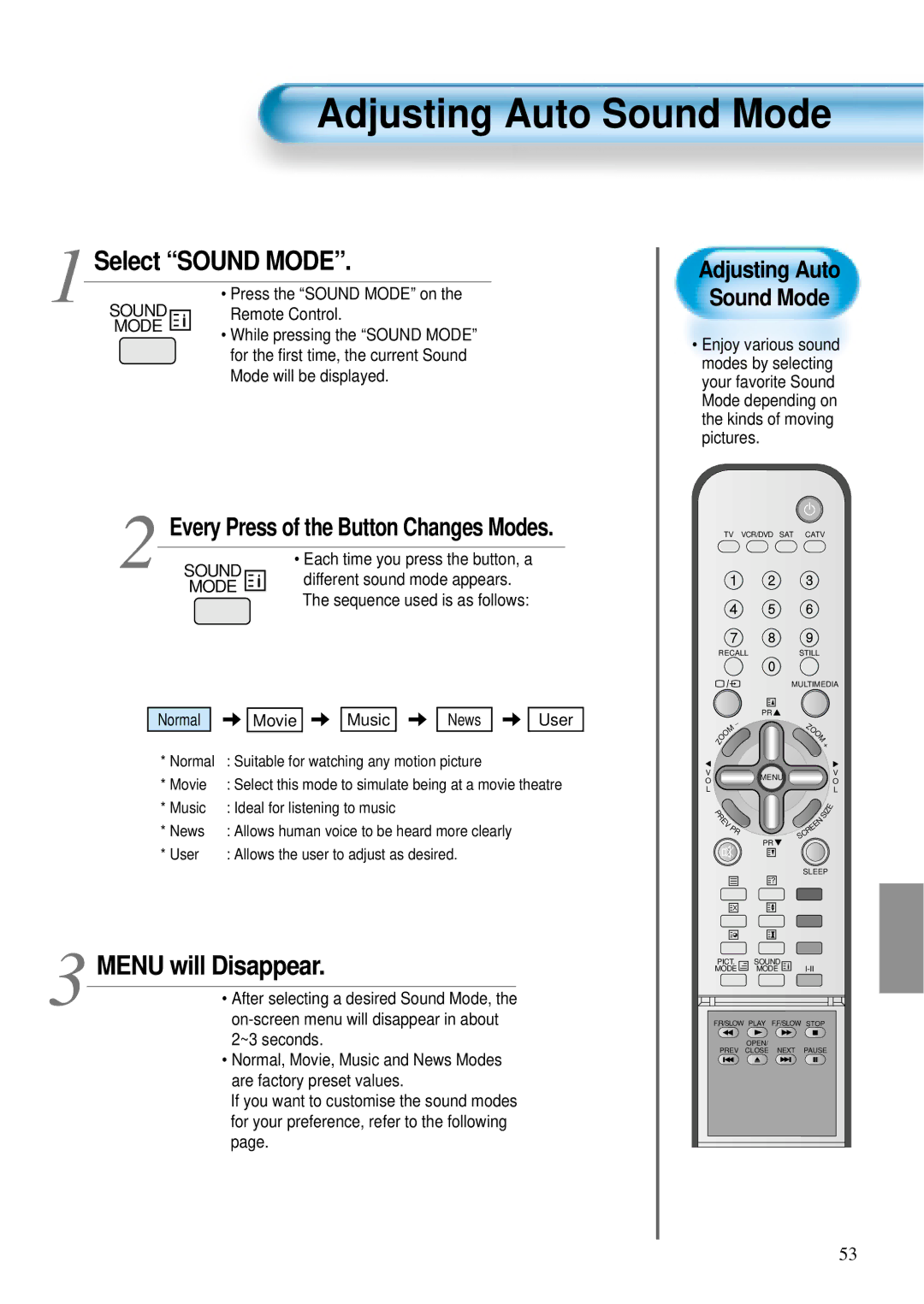 Daewoo DT-4220 NH, DT-4280 NH user manual Adjusting Auto Sound Mode, Select Sound Mode, Menu will Disappear 