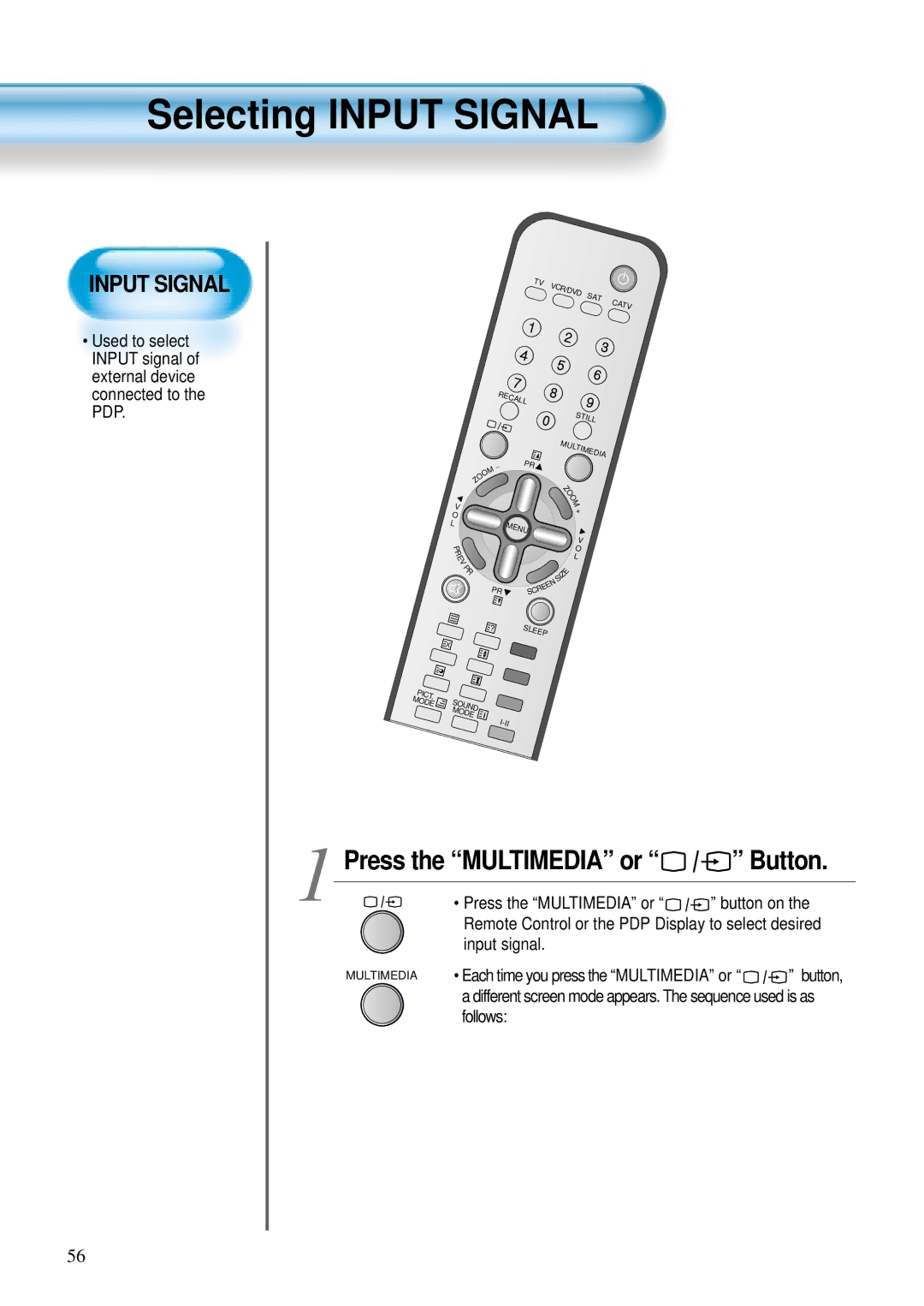 Daewoo DT-4280 NH, DT-4220 NH Selecting Input Signal, Press the Multimedia or Button on, Input signal, Follows 