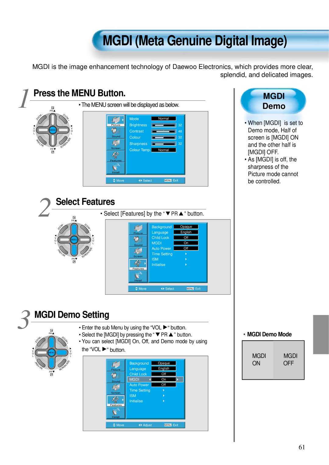 Daewoo DT-4220 NH, DT-4280 NH user manual Select Features, Mgdi Demo Setting 