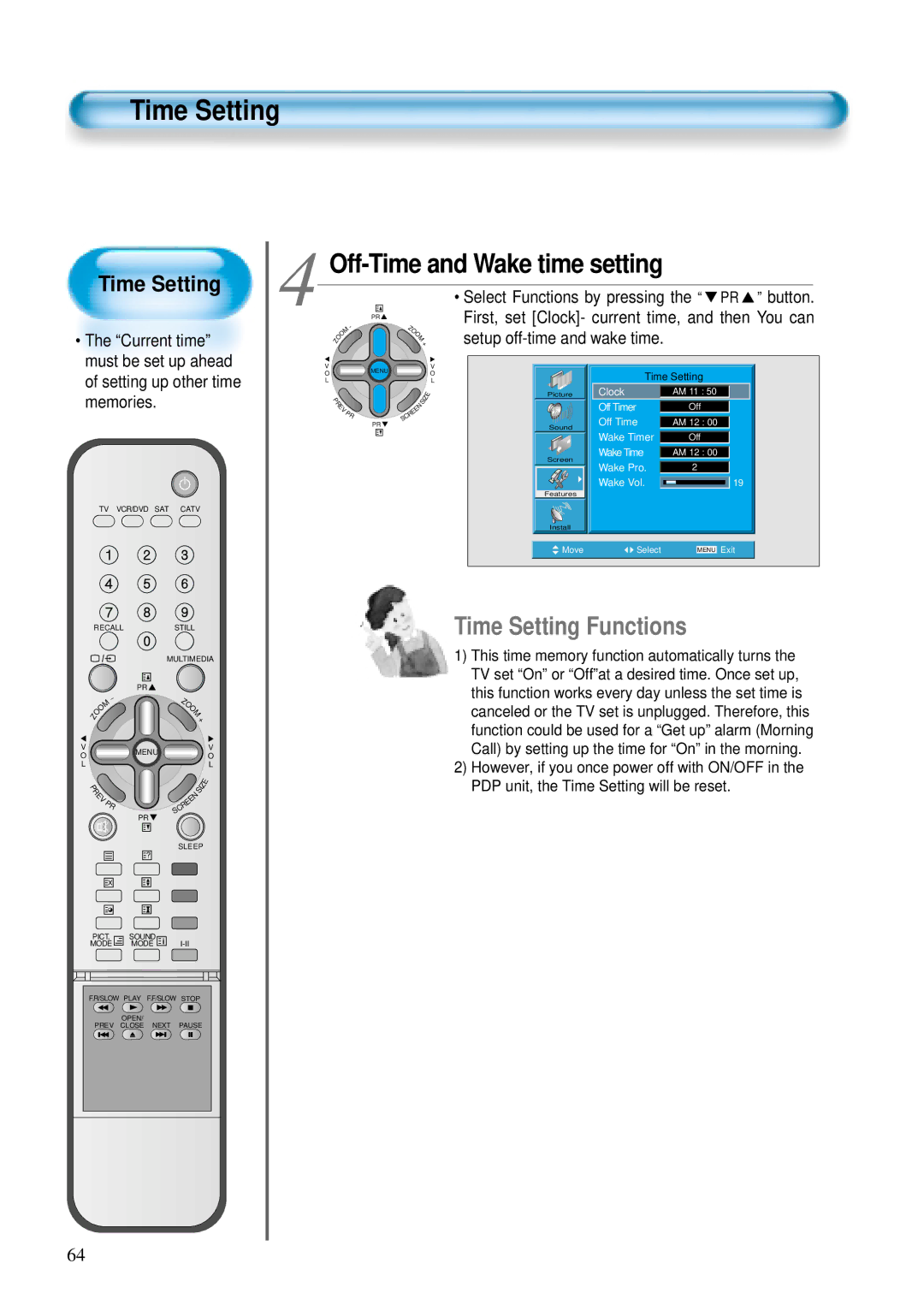 Daewoo DT-4280 NH, DT-4220 NH user manual Time Setting, Off-Time and Wake time setting, Current time, Memories 